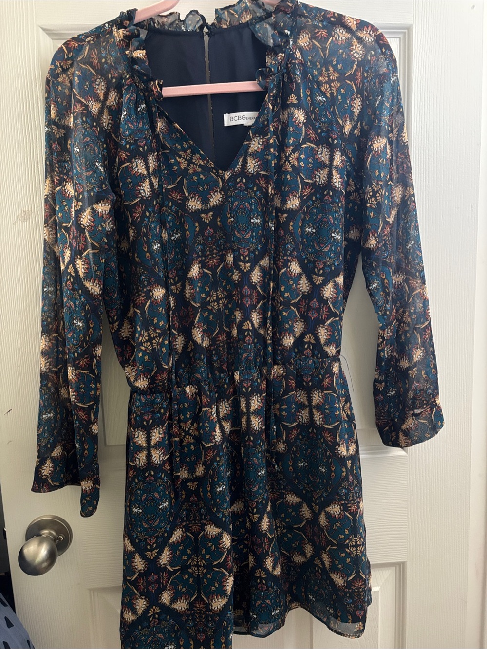 BCBGMaxAzria Teal and Cream Printed Long-Sleeve Dress
